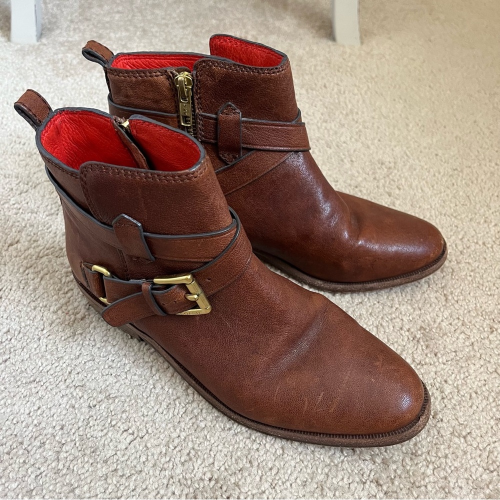 Coach Leoda Dark Ginger Distressed Brown Leather Bootie Ankle Boots Buckle 5.5 - Picture 2 of 14